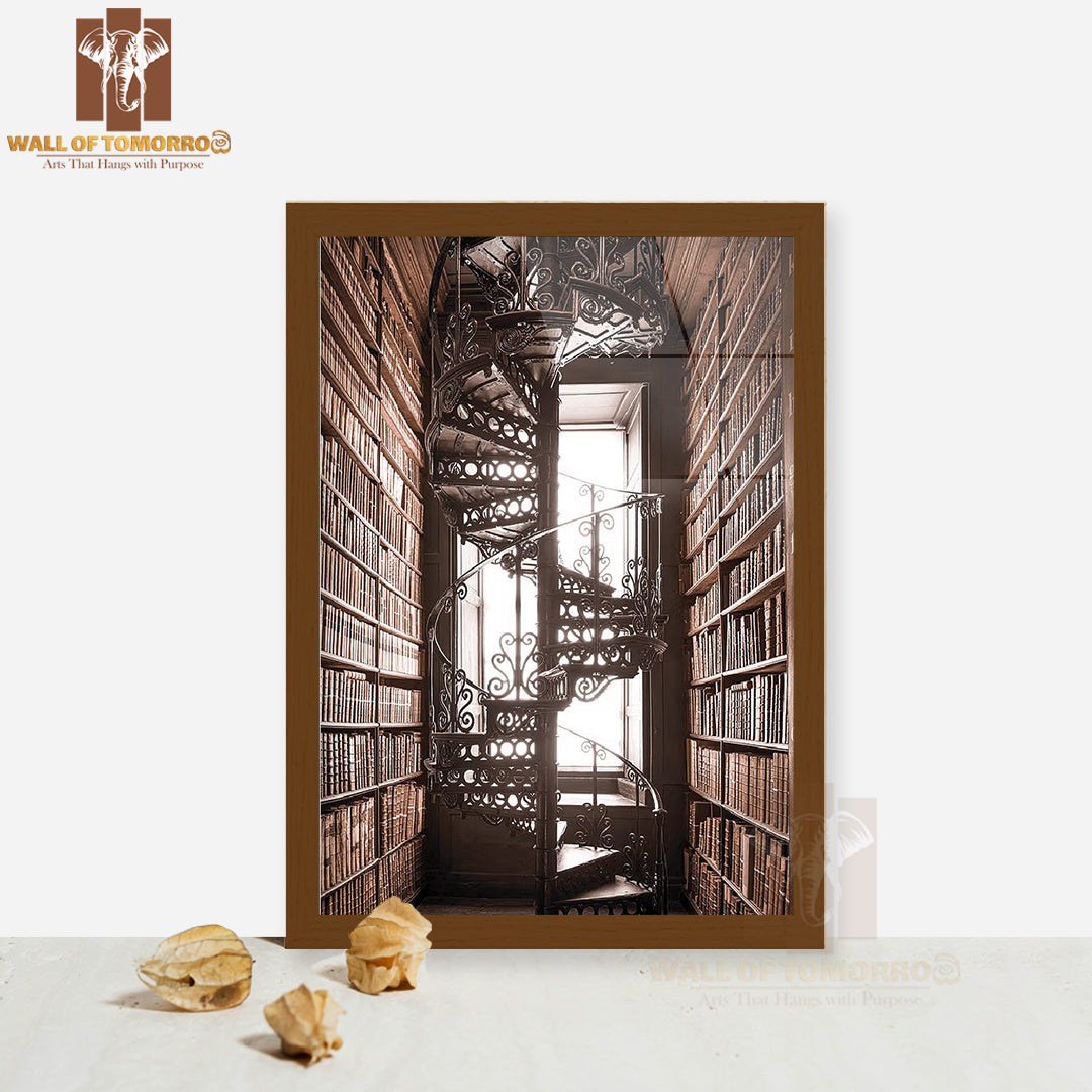 Books And Staircase High Quality Glass Frame Wall Décor