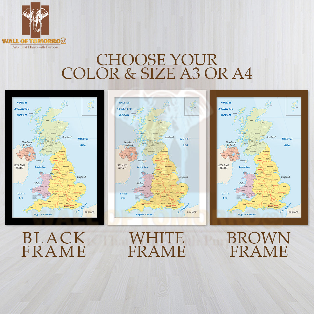 United Kingdom Administrative Map Educational High Quality Glass Frame Wall Décor