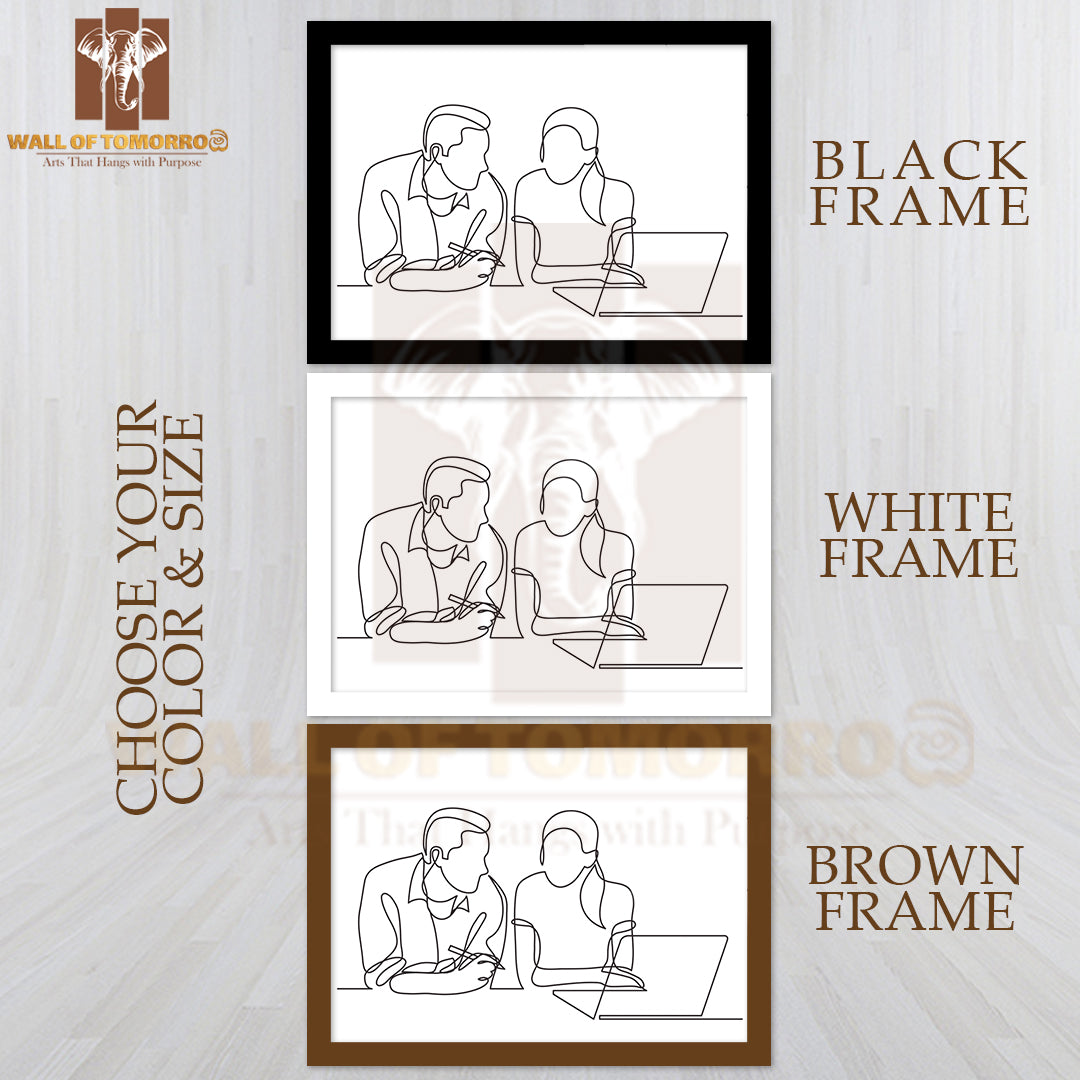 Line Drawing of Two Coworkers Talking High Quality Glass Frame Wall Décor