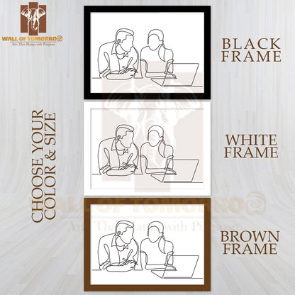Line Drawing of Two Coworkers Talking High Quality Glass Frame Wall Décor