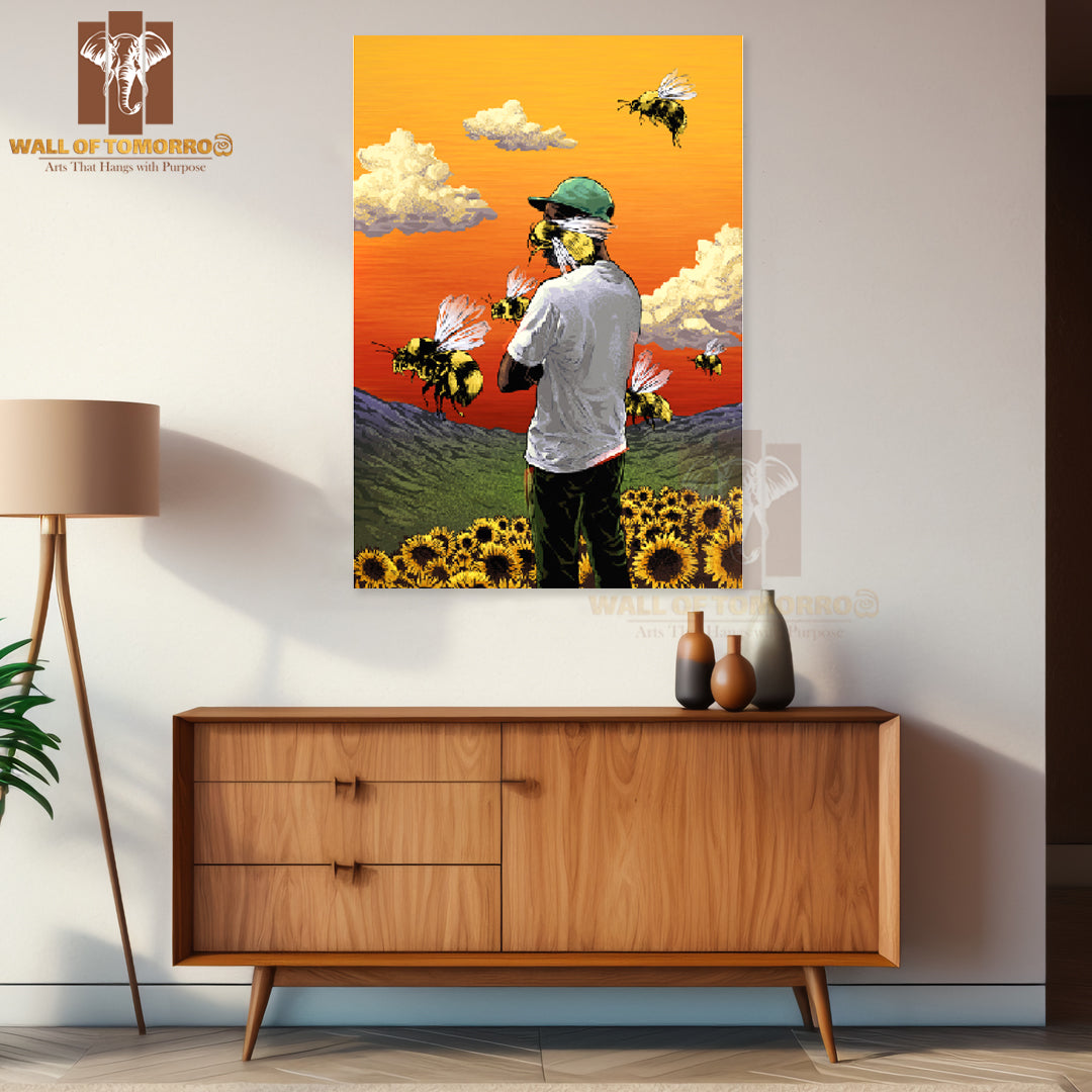 Man Standing in A Field of Sunflowers & Bees Flying Around High Quality Unframed Poster Print & Waterproof Poster Print Wall Décor