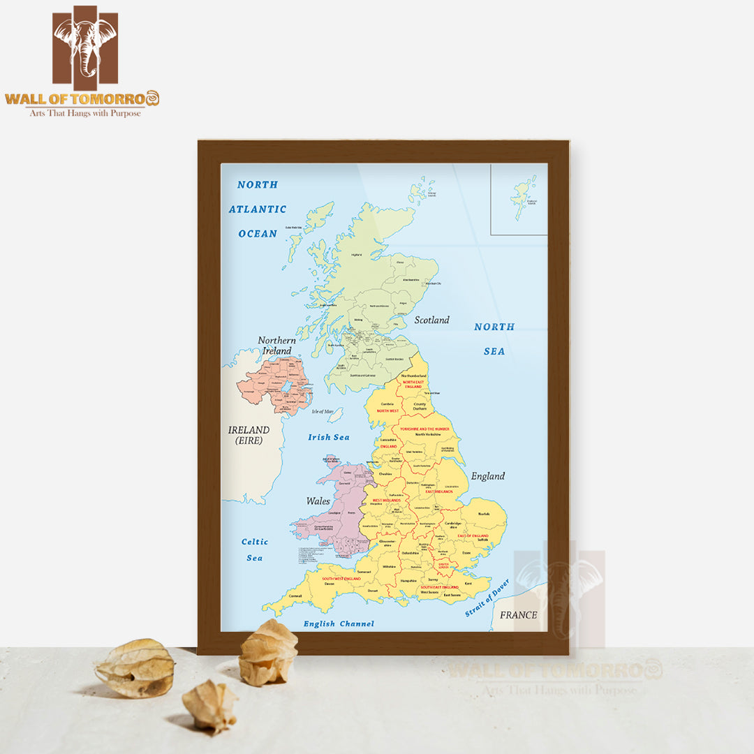 United Kingdom Administrative Map Educational High Quality Glass Frame Wall Décor