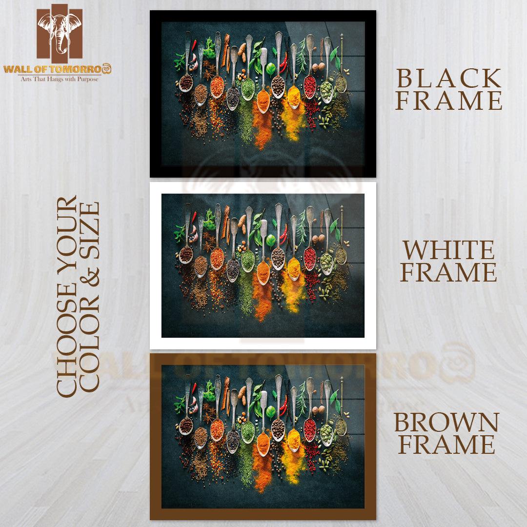 Variety Of Spices and Spoons on A Table High Quality Glass Frame Wall Décor