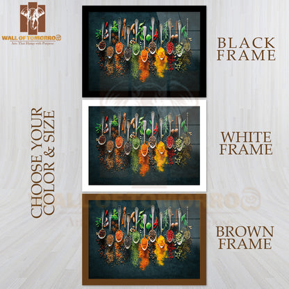 Variety Of Spices and Spoons on A Table High Quality Glass Frame Wall Décor
