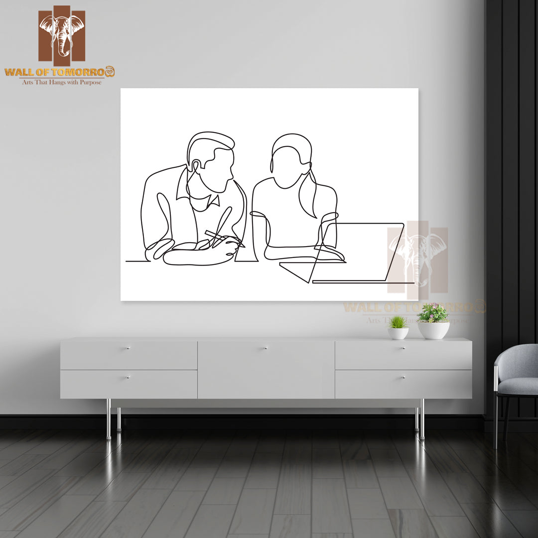 Line Drawing of Two Coworkers Talking High Quality Unframed Poster Print & Waterproof Poster Print Wall Décor