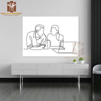 Line Drawing of Two Coworkers Talking High Quality Unframed Poster Print & Waterproof Poster Print Wall Décor