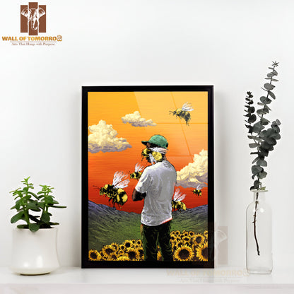 Man Standing in A Field of Sunflowers & Bees Flying Around High Quality Glass Frame Wall Décor