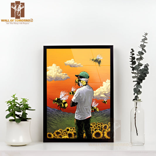 Man Standing in A Field of Sunflowers & Bees Flying Around High Quality Glass Frame Wall Décor
