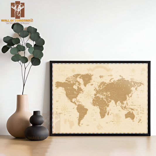 Old Vintage Retro World Map Educational High Quality Glass Frame Wall Décor