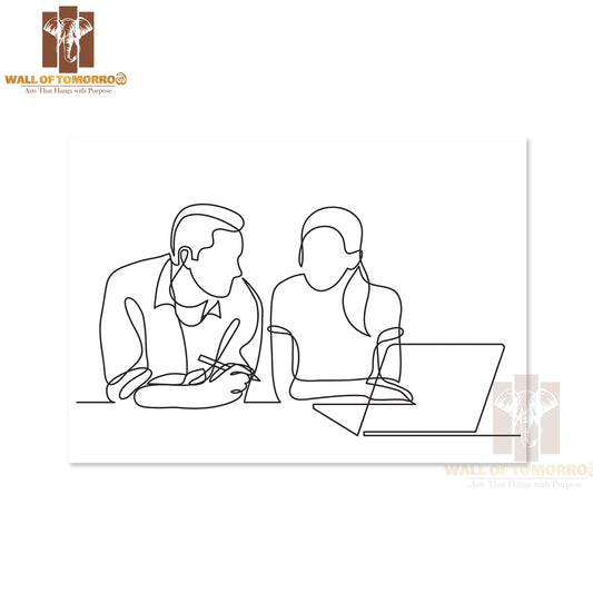Line Drawing of Two Coworkers Talking High Quality Unframed Poster Print & Waterproof Poster Print Wall Décor
