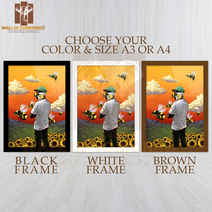 Man Standing in A Field of Sunflowers & Bees Flying Around High Quality Glass Frame Wall Décor