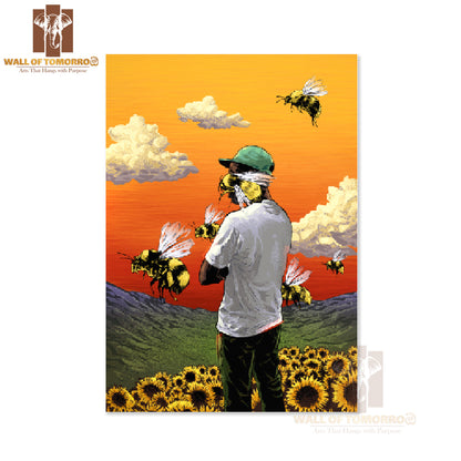 Man Standing in A Field of Sunflowers & Bees Flying Around High Quality Unframed Poster Print & Waterproof Poster Print Wall Décor