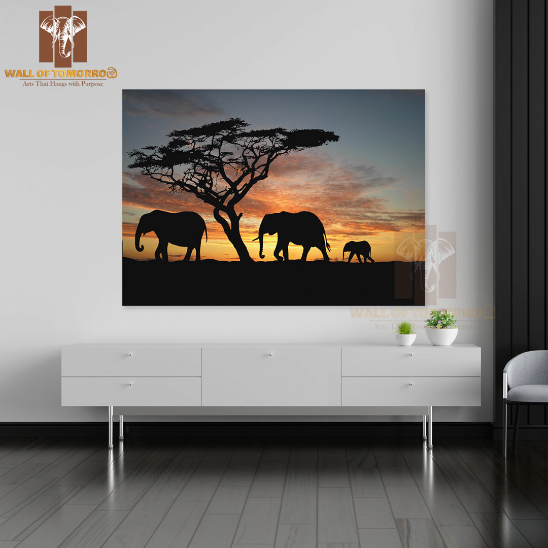 Family Of Elephants Walking in The Sunset High Quality Unframed Poster Print & Waterproof Poster Print Wall Décor