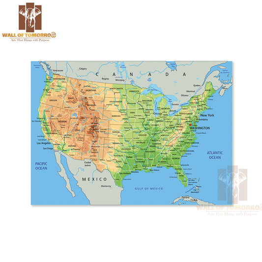 High Detailed United States of America Physical Map Educational High Quality Unframed Poster Print & Waterproof Poster Print Wall Décor