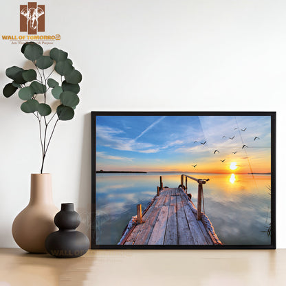 Birds Flying by the Lake with Sunset High Quality Unframed Poster Print & Waterproof Poster Print Wall Décor