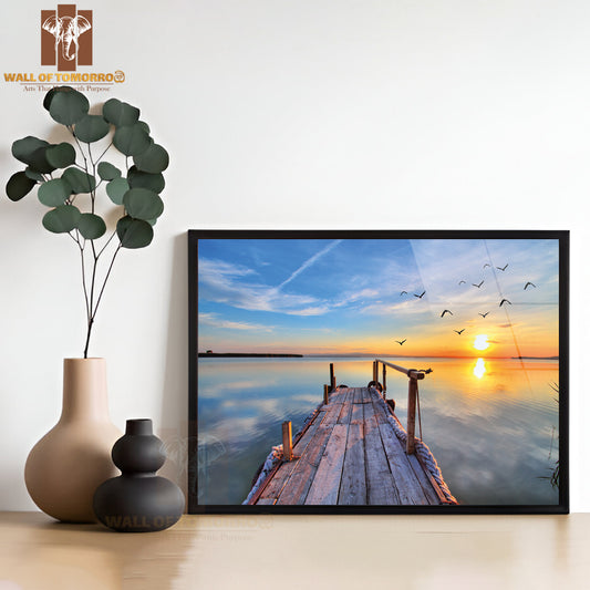 Birds Flying by the Lake with Sunset High Quality Unframed Poster Print & Waterproof Poster Print Wall Décor