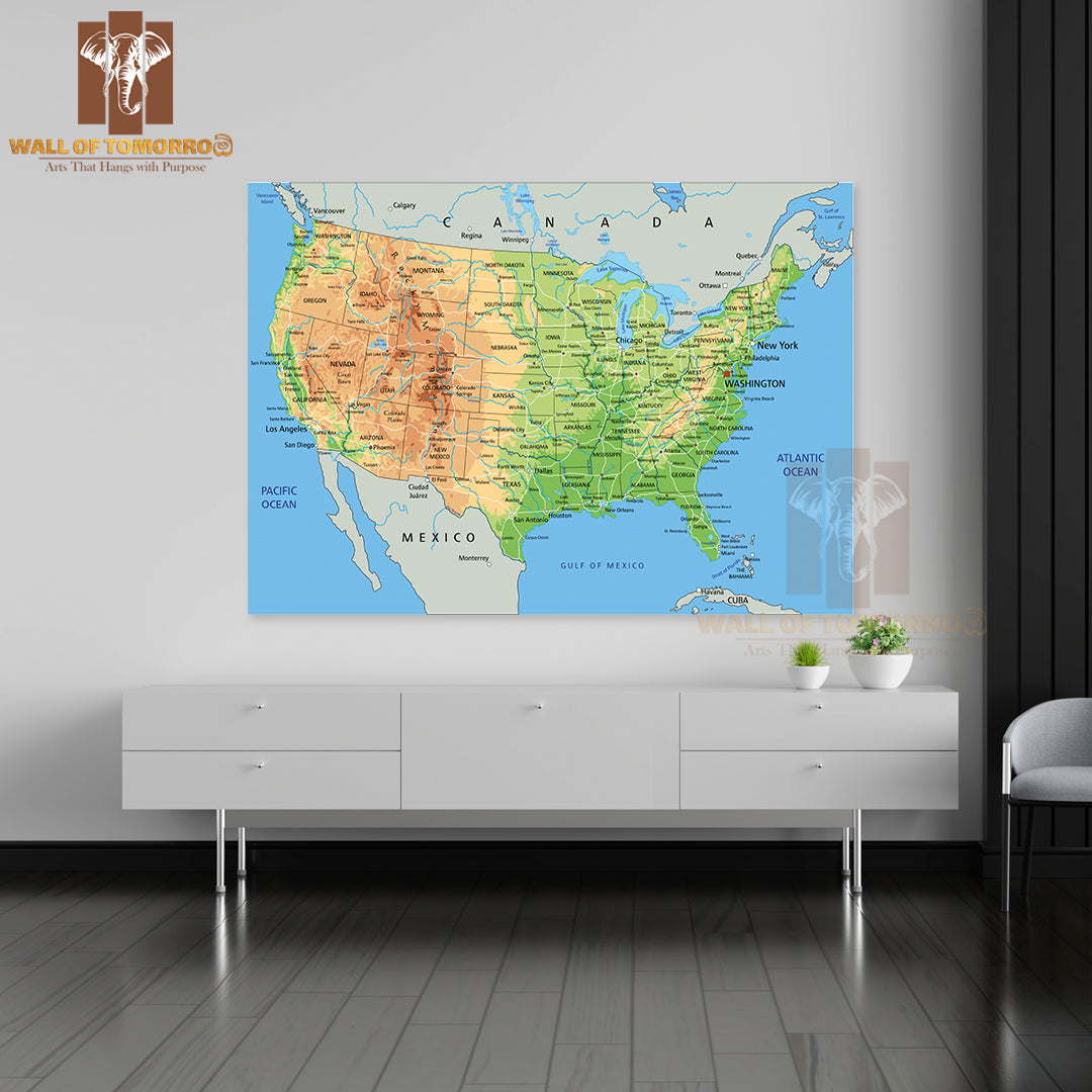 High Detailed United States of America Physical Map Educational High Quality Unframed Poster Print & Waterproof Poster Print Wall Décor