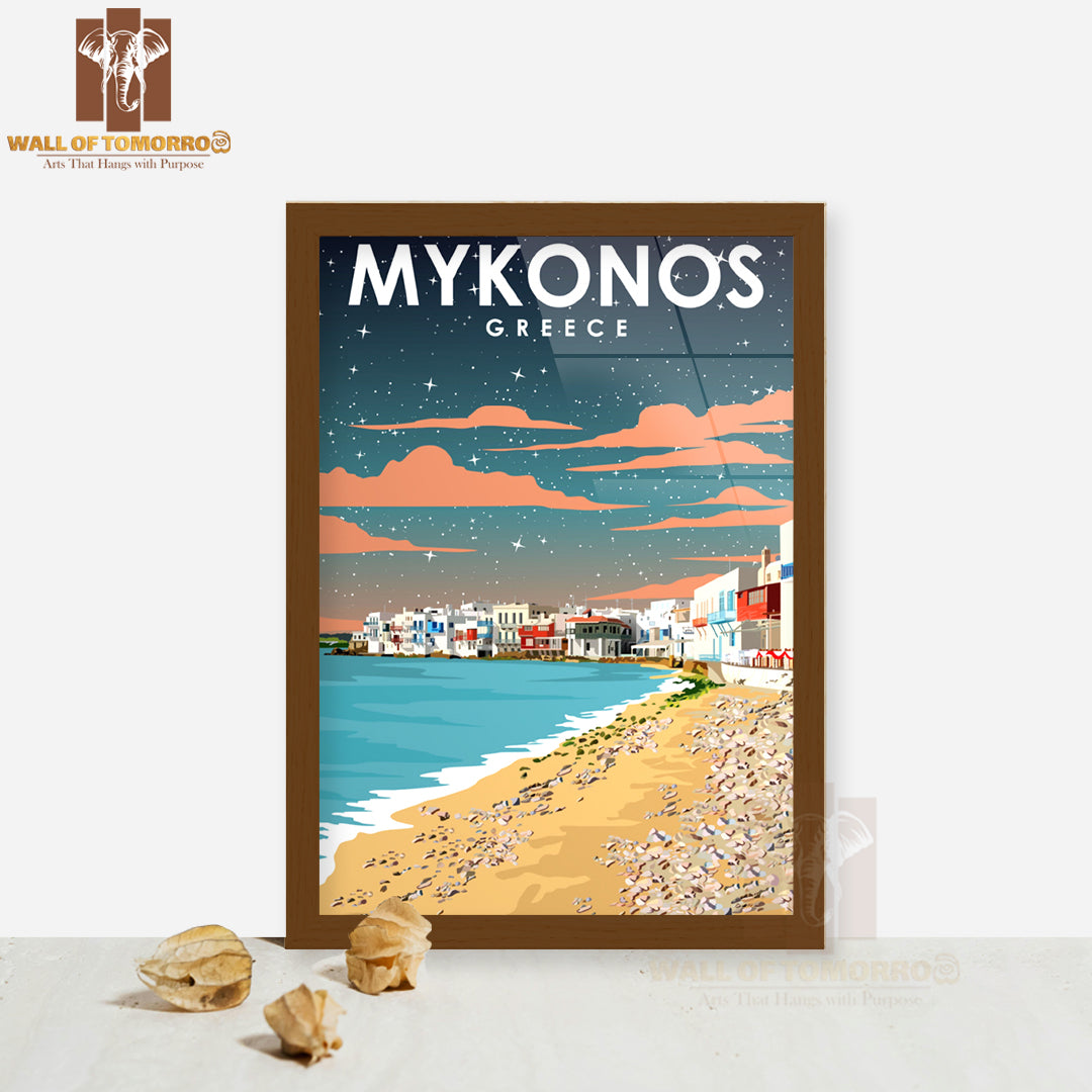 Mykonos Greece Beach with A Sky Background High Quality Glass Frame Wall Décor