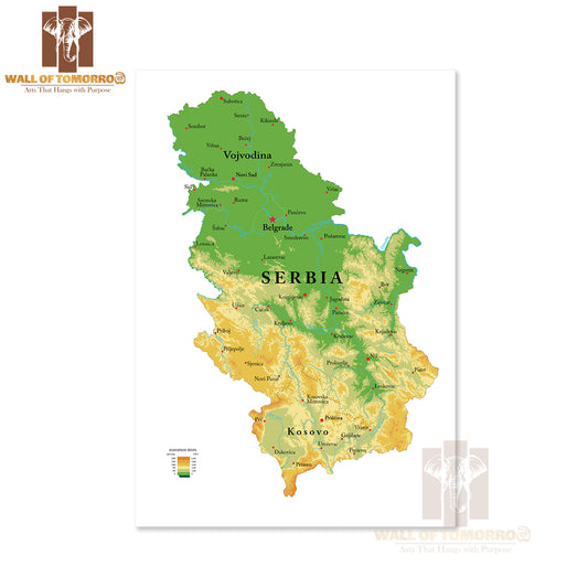 Serbia Physical Map Educational High Quality Unframed Poster Print & Waterproof Poster Print Wall Décor