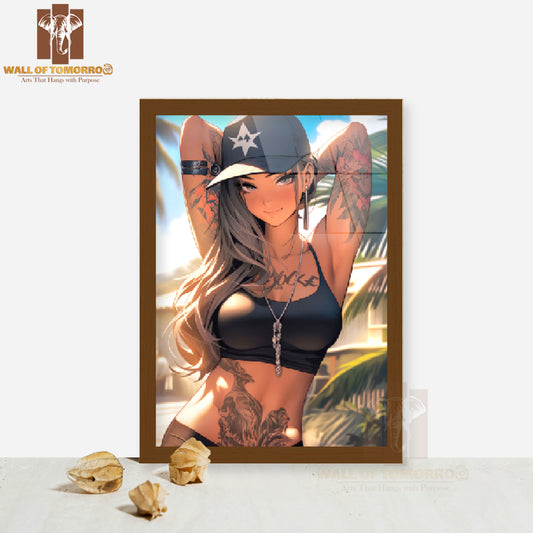 Woman With Tattoos on Her Arms and A Hat High Quality Glass Frame Wall Décor