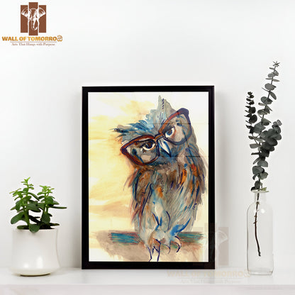 Owl With Big Eyes in Hipster Glasses High Quality Glass Frame Wall Décor