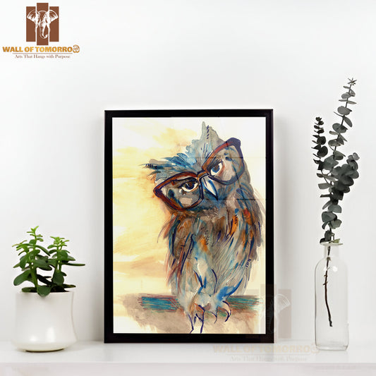 Owl With Big Eyes in Hipster Glasses High Quality Glass Frame Wall Décor