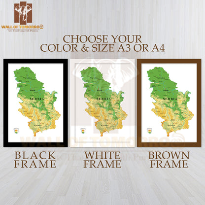 Serbia Physical Map Educational High Quality Glass Frame Wall Décor