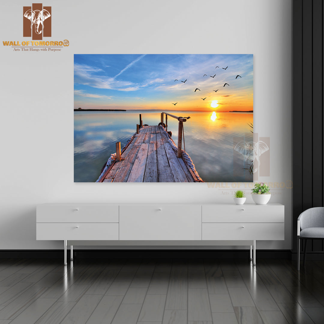 Birds Flying by the Lake with Sunset High Quality Unframed Poster Print & Waterproof Poster Print Wall Décor