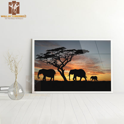 Family Of Elephants Walking in The Sunset High Quality Glass Frame Wall Décor