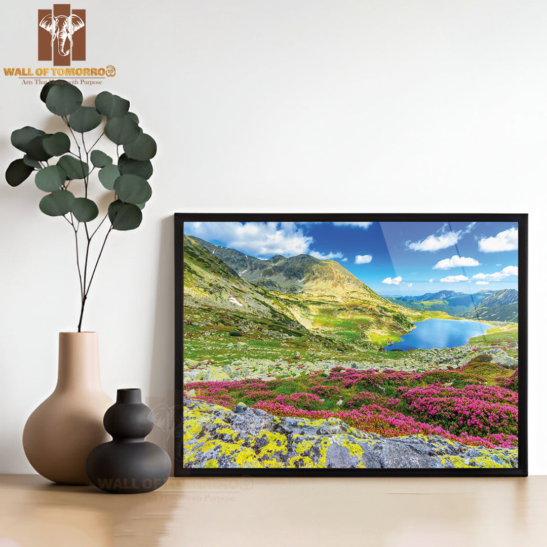 Glacier Lake, High Mountains and Stunning Pink Rhododendron Flowers High Quality Unframed Poster Print & Waterproof Poster Print Wall Décor
