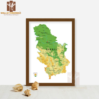 Serbia Physical Map Educational High Quality Glass Frame Wall Décor