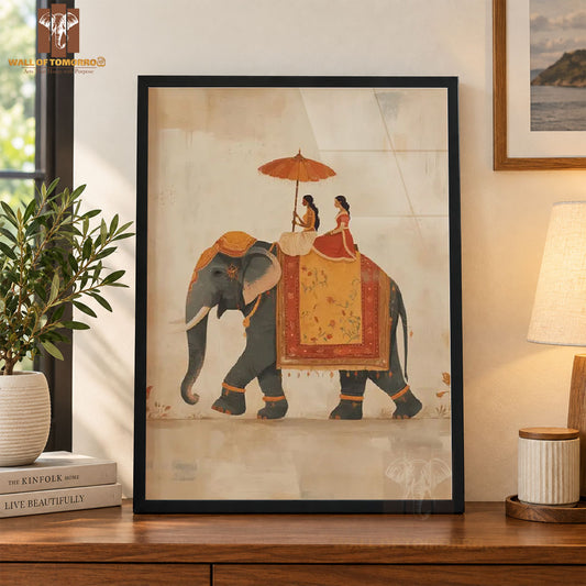 Vintage Illustration of a Decorated Gray Elephant Animals High Quality Glass Frame Wall Décor in Sri Lanka