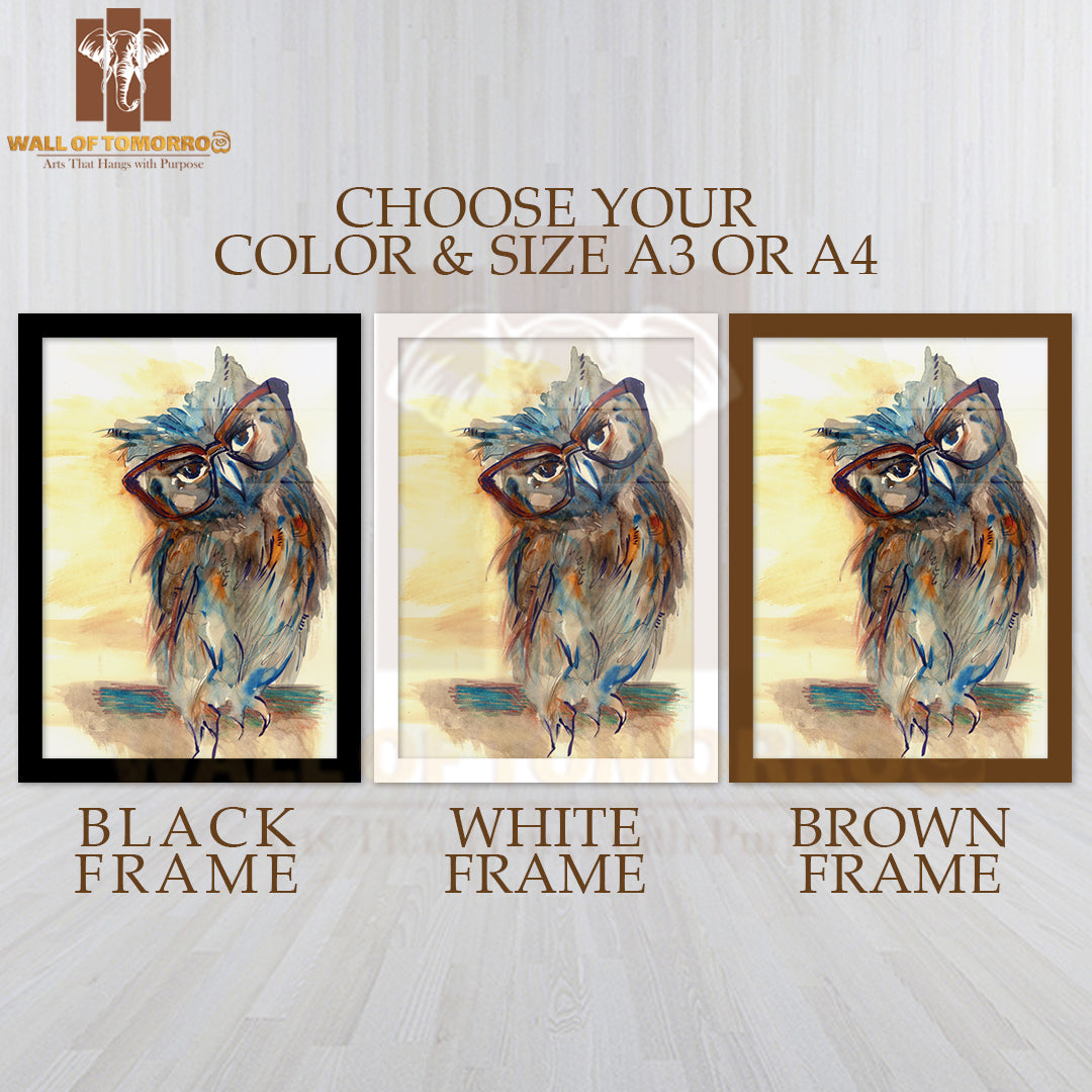 Owl With Big Eyes in Hipster Glasses High Quality Glass Frame Wall Décor