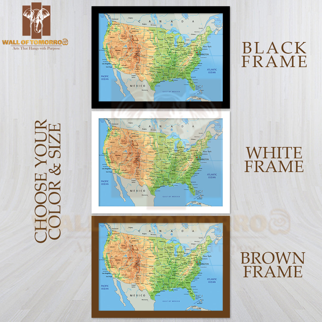 High Detailed United States of America Physical Map Educational High Quality Glass Frame Wall Décor