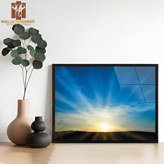 Sun Rising Above the Land on Blue Sky, Nature Background with Sunny Beams High Quality Unframed Poster Print & Waterproof Poster Print Wall Décor