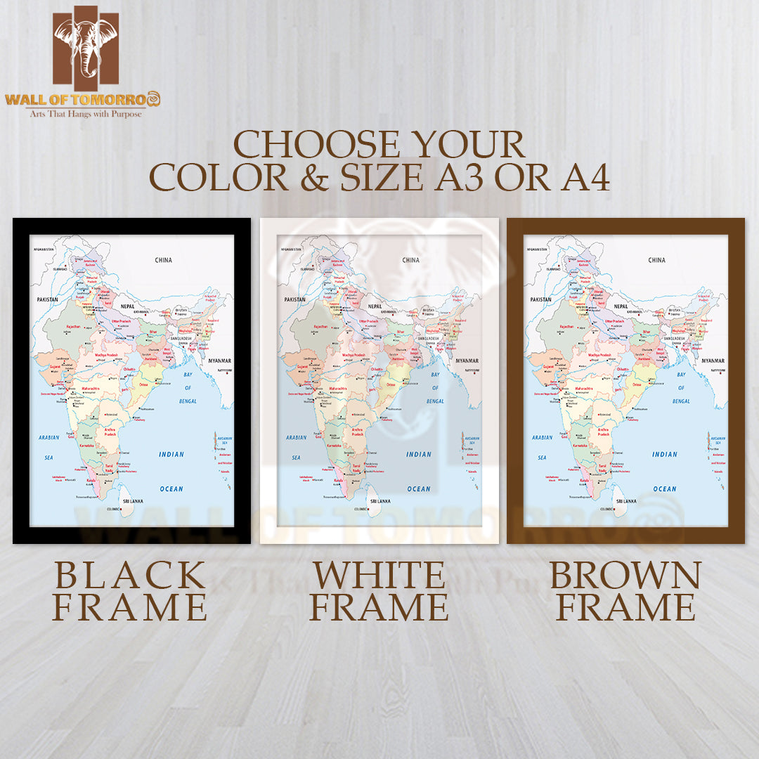 India Administrative Map Educational High Quality Glass Frame Wall Décor