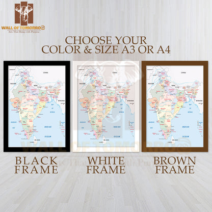 India Administrative Map Educational High Quality Glass Frame Wall Décor