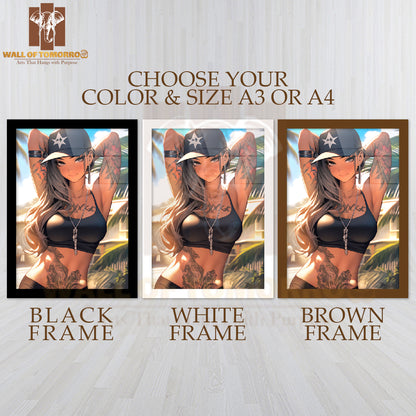 Woman With Tattoos on Her Arms and A Hat High Quality Glass Frame Wall Décor