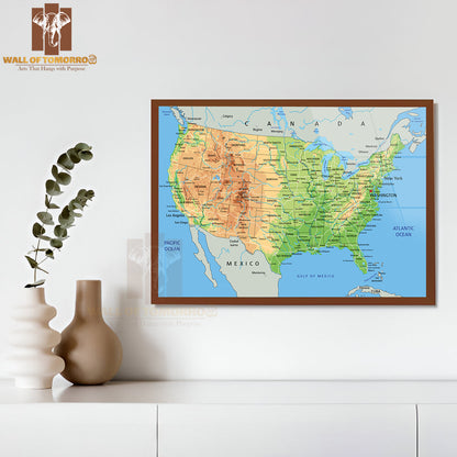 High Detailed United States of America Physical Map Educational High Quality Glass Frame Wall Décor