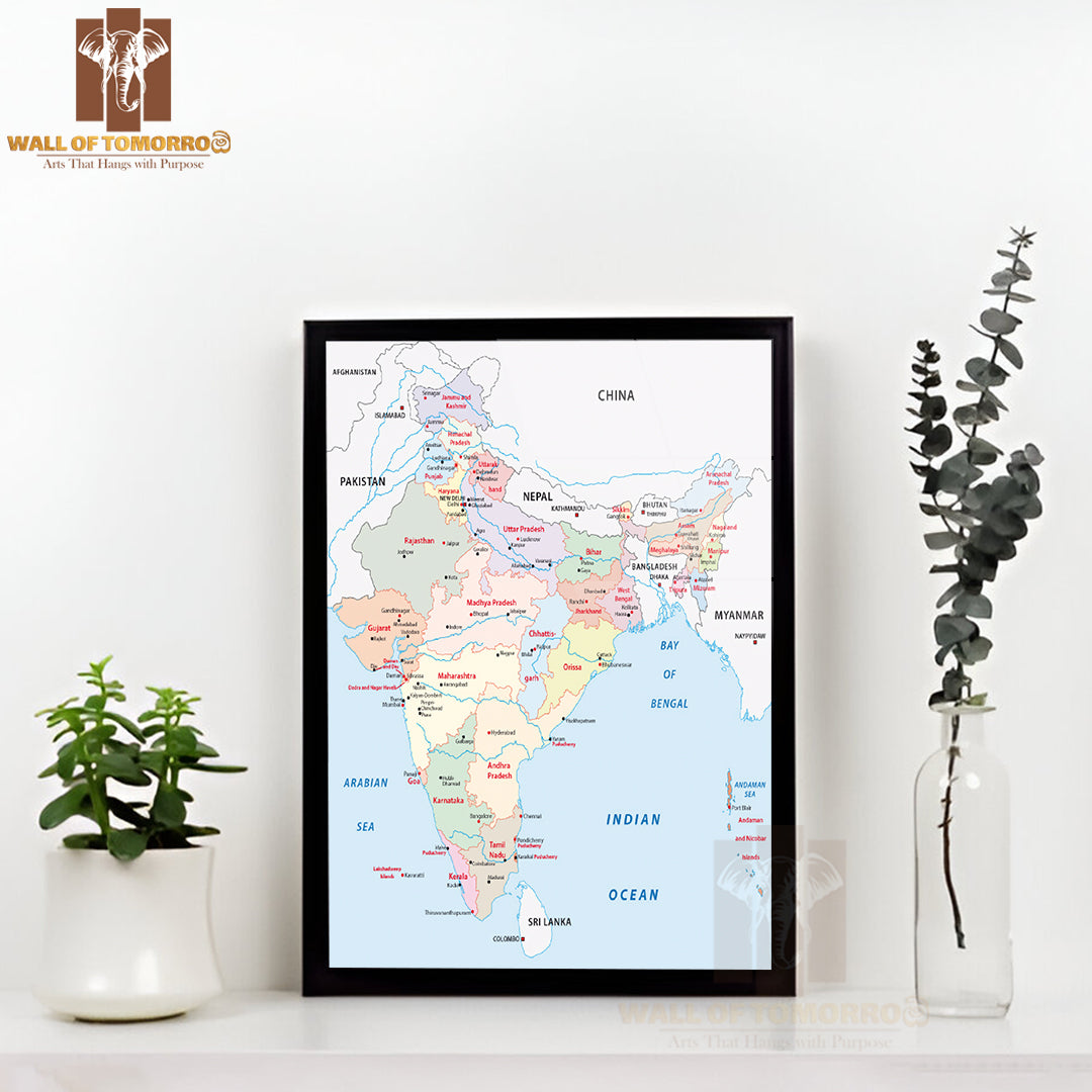 India Administrative Map Educational High Quality Glass Frame Wall Décor