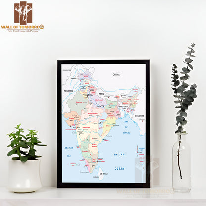 India Administrative Map Educational High Quality Glass Frame Wall Décor