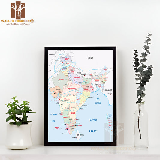 India Administrative Map Educational High Quality Glass Frame Wall Décor
