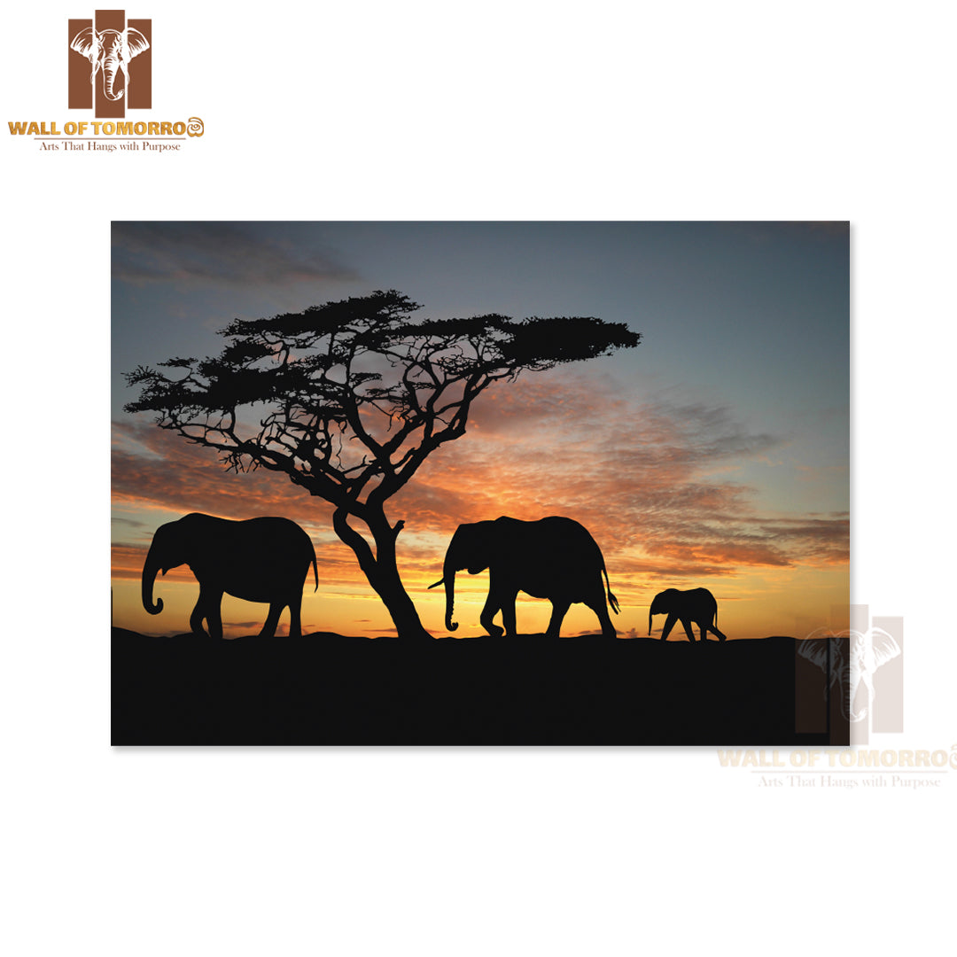 Family Of Elephants Walking in The Sunset High Quality Unframed Poster Print & Waterproof Poster Print Wall Décor