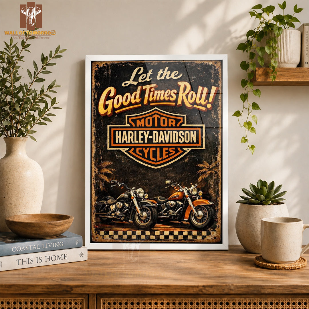 Harly Davidson, Let The Good Time Roll Motor Bike High Quality Glass Frame Wall Décor in Sri Lanka