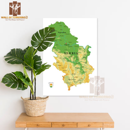 Serbia Physical Map Educational High Quality Unframed Poster Print & Waterproof Poster Print Wall Décor