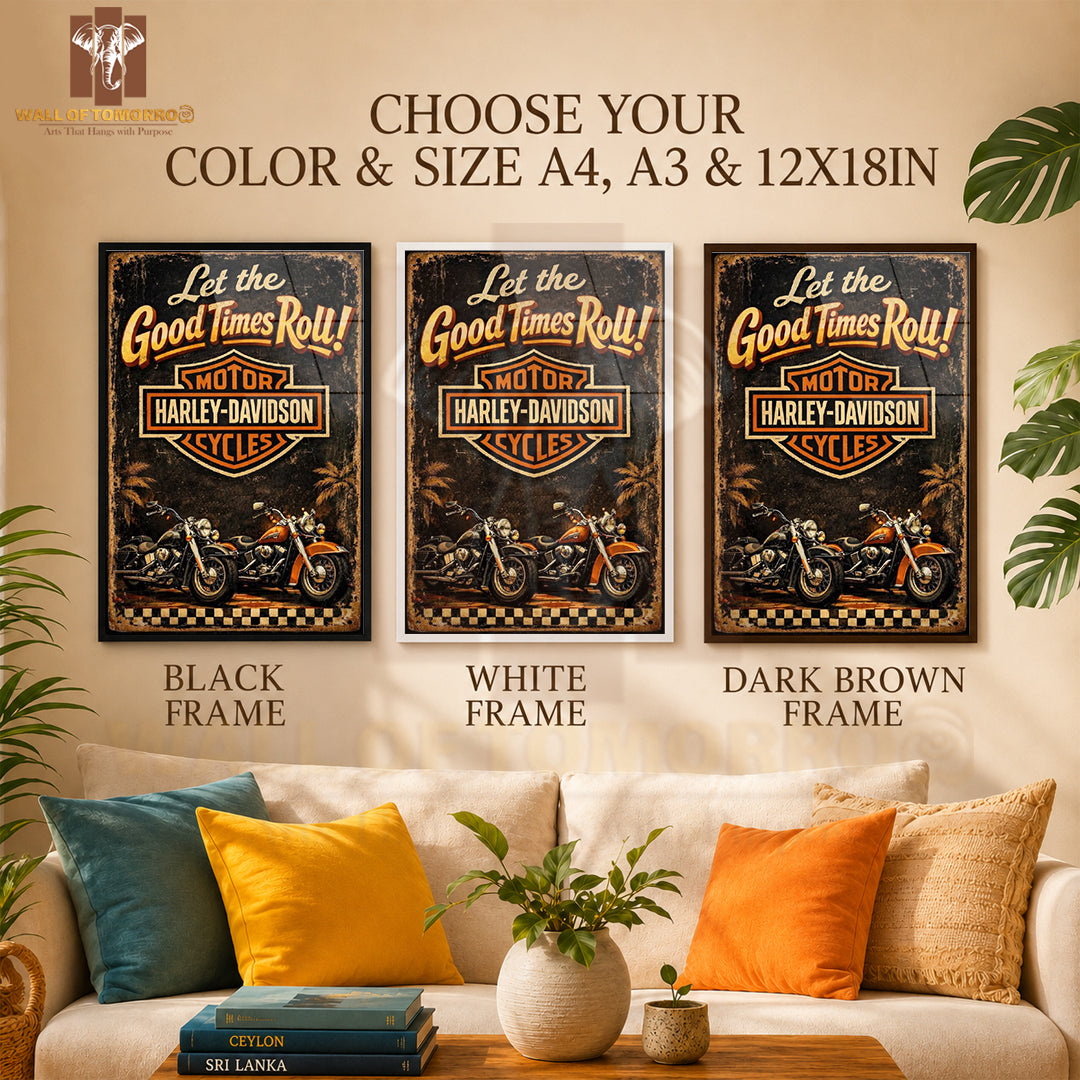 Harly Davidson, Let The Good Time Roll Motor Bike High Quality Glass Frame Wall Décor in Sri Lanka